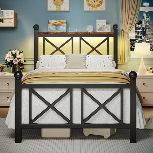 Vista 4 de DynJest Base de cama negra de tamaño individual con luces LED, cama de metal resistente con cabecera y piecero, estante de almacenamiento con Negro