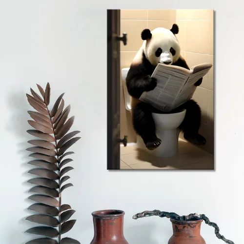 Vista 24 de GLOKAKA Lienzo decorativo para baño, diseño divertido de alpaca sentado en el inodoro, leyendo periódico, arte de pared, humor, granja, animal, arte