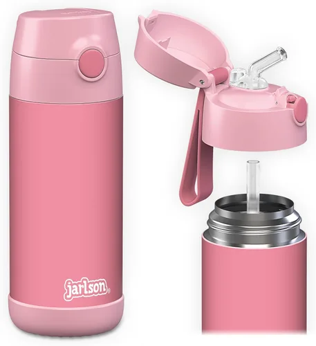 Vista 39 de Jarlson® CHARLI - Botella de agua para niños [12 onzas], botella térmica de acero inoxidable con pajilla, botella de agua aislada a prueba