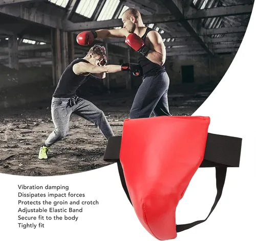 Vista 2 de Protector de ingle de boxeo, protector de entrepierna de boxeo rojo ajustable para artes marciales para niños y jóvenes (M)