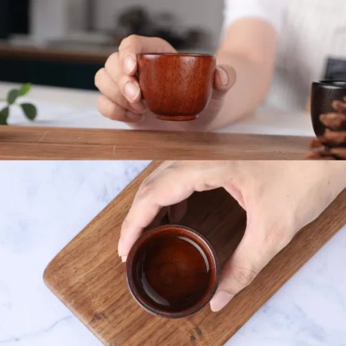 Vista 7 de Vasos de chupito de madera con caja de regalo – Juego de tazas de sake de madera hechas a mano para té, soju, licor y camping – Taza de madera