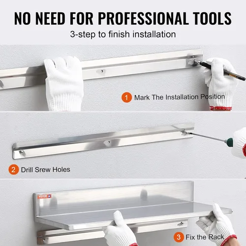 Vista 7 de VEVOR Estante de pared de acero inoxidable, 8.6 x 16 pulgadas, paquete de 2 con protector contra salpicaduras, soporta 44 libras, ideal para cocina