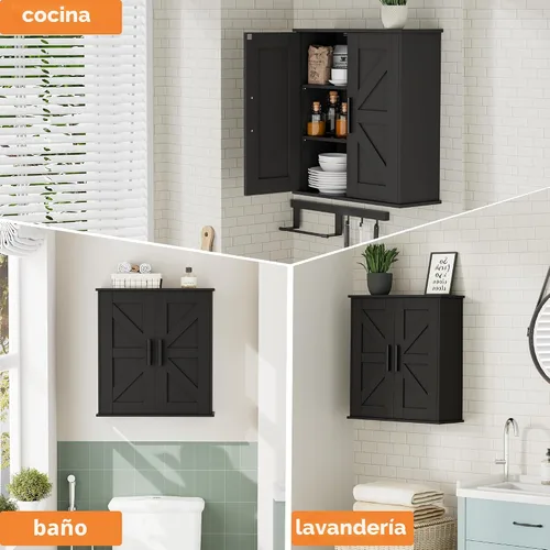 Vista 6 de Homleke Armario de pared para baño, armario de almacenamiento sobre inodoro con puertas de granero y estantes ajustables, botiquín de 3 niveles