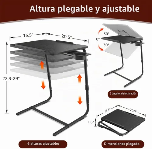 Vista 2 de Bandeja de TV ajustable para cena negra, bandejas plegables para comer en el sofá, mesas de madera, soporte mate, escritorio plegable con portavasos