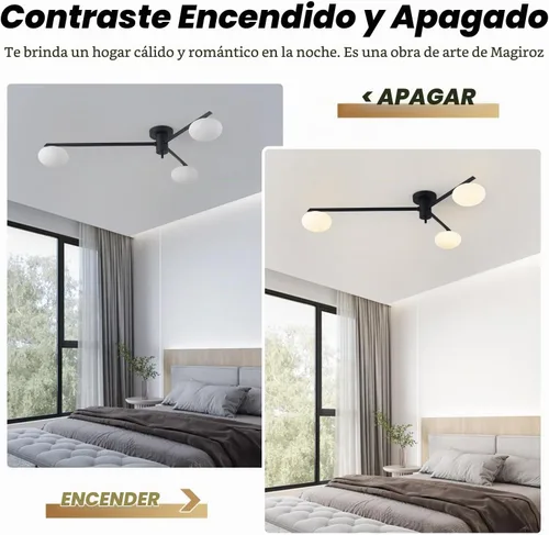 Vista 3 de Lámpara de araña moderna Sputnik de 3 luces con pantalla de vidrio lechoso - Lámpara de techo empotrada negra para cocina