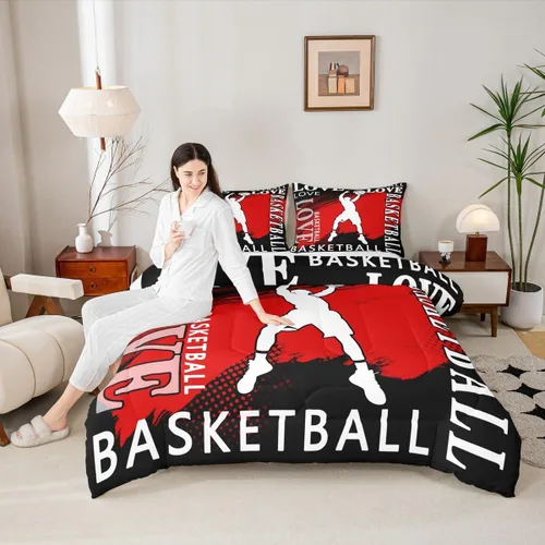 Vista 5 de Feelyou Juego de edredón de baloncesto para niñas y niños, juego de ropa de cama con juegos de pelota, decoración de habitación, regalo para amantes