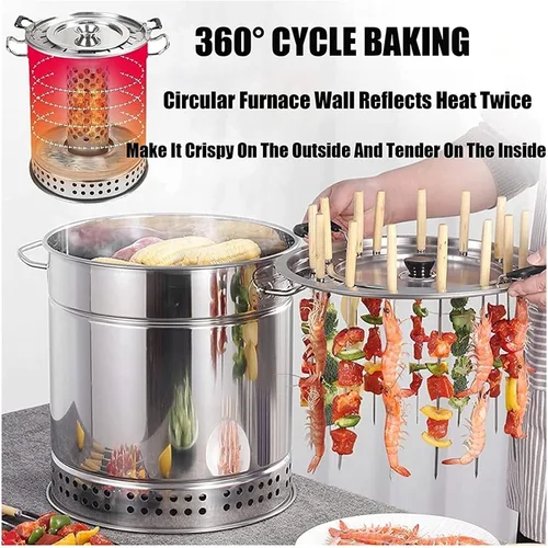 Vista 6 de Parrilla de barbacoa de barril de carbón ahumador, estufa colgante para barbacoa, parrilla de barbacoa de acero inoxidable con 20 pinchos de kabob