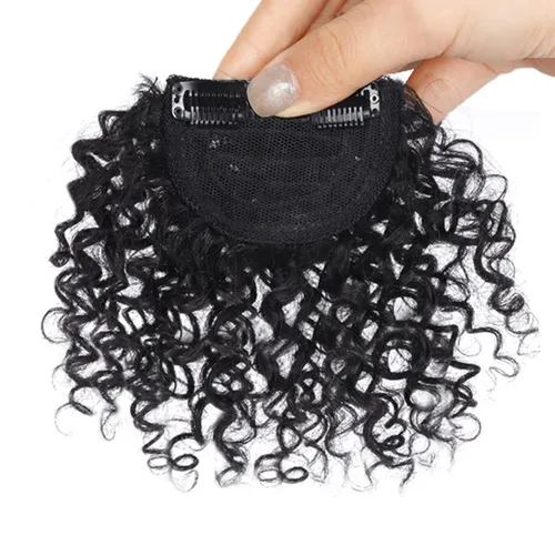 Vista 3 de Extensiones de cabello rizado Afro Kinly con clip, fleco de fleco falso natural, flequillo corto y rizado, cabello humano con clip, pieza de cabello