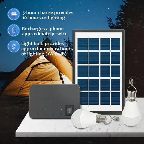 Vista 3 de Sistema de iluminación solar para el hogar de 6Ah con kit de panel solar de 3W 5V, 2 bombillas LED - Luz portátil para exteriores, camping, viajes