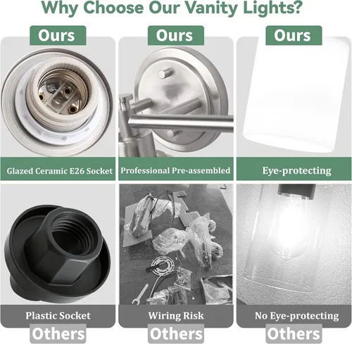 Vista 4 de Accesorio de lámpara de tocador de baño de 3 luces, lámpara compacta de níquel cepillado con pantallas de vidrio esmerilado blanco para espejo