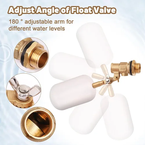 Vista 2 de Válvula de flotador de agua de 1/2 pulgada, válvula de bola flotante de latón con brazo ajustable, llenado automático y válvula de control de nivel
