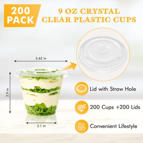 Vista 2 de Vplus Paquete de 200 vasos de plástico PET de 9 onzas con tapas planas, vasos de plástico desechables de cristal para parfait, frutas, postres