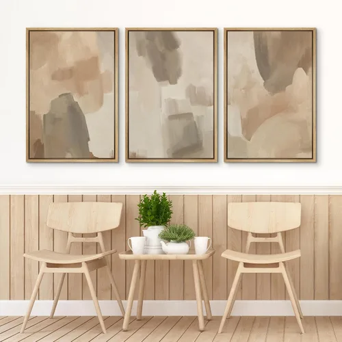 Vista 272 de SIGNFORD - Set de obras de arte en lienzo enmarcado para pared, ilustraciones abstractas de neblina del desierto en tonos neutros beige y marrón