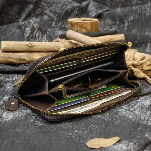 Vista 4 de LUUFAN Billetera larga de cuero genuino para hombre, cartera plegable grabada