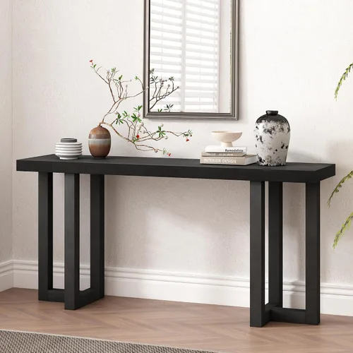 Vista 17 de Mesa de consola de madera de 152 cm con tapa de chapa de roble y patas curvadas delgadas de madera de goma, elegante mesa de sofá para sala