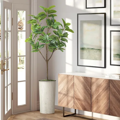 Vista 15 de Árbol artificial en macetero moderno con patrón de remolino, palmera tropical areca artificial de seda para decoración del hogar en interiores