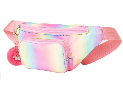 Vista 3 de Riñonera de moda brillante para niñas, con dos bolsillos, manos libres, ligera, con cinturón, para vacaciones, festivales, fiestas, viajes