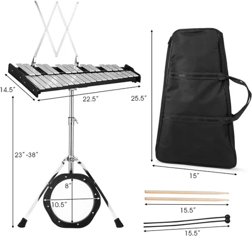 Vista 6 de Giantex Kit de Campanas de Percusión Glockenspiel de 30 Notas, Xilófono con Marco de Altura Ajustable, Atril Musical, Almohadilla de Práctica de 20