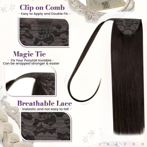 Vista 2 de LaaVoo Extensión de cola de caballo de cabello humano marrón para mujer, extensiones de cola de caballo marrón oscuro, extensiones de cabello humano