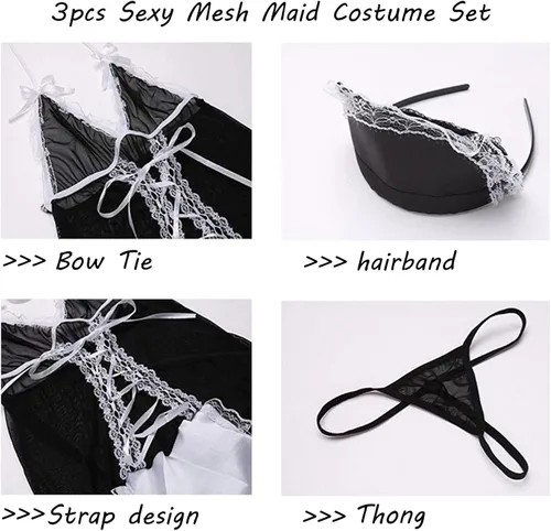 Vista 4 de Allmloers Disfraz de sirvienta para mujer disfraz de sirvienta sexy vestido de sirvienta falda conjunto de lencería para adultos juego de roles