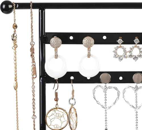 Vista 4 de Soporte organizador de aretes organizador de aretes con bandeja de madera soporte de joyería para collares aretes pulseras relojes y anillos soporte