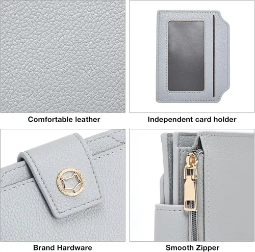 Vista 6 de FOXLOVER Cartera pequeña de piel suave para mujer, con bloqueo RFID, bolsillo con cremallera, tarjetero, con ventana de identificación
