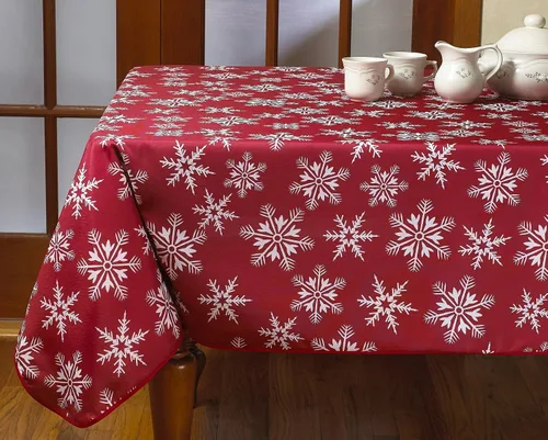 Vista 6 de Violet Linen Manteles rojos decorativos con diseño de copos de nieve navideños - 60" redondos