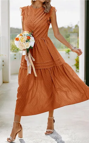 Vista 9 de Angashion Vestido largo de verano para mujer, casual, cuello redondo, manga casquillo, lunares suizos, plisado, liso, largo, vestido skater