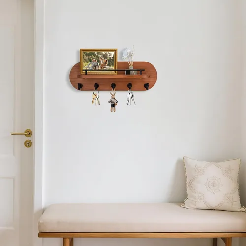 Vista 2 de SANY DAYO HOME Soporte para Llaves de Pared de Madera Marrón con Perchero de Entrada con 5 Ganchos Dorados, Barandilla de Estante de Metal