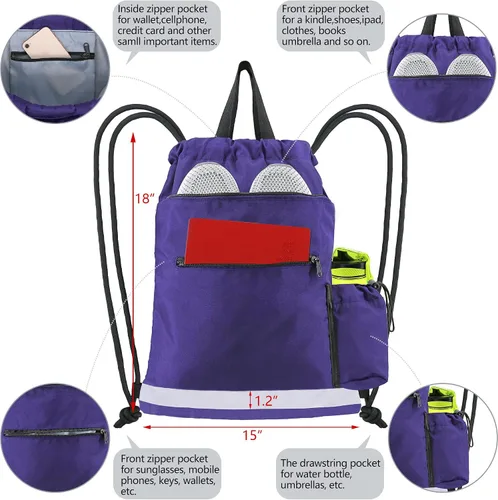 Vista 3 de Mochila con cordón, con estilo deportivo, bolsa de gimnasio para mujeres, hombres y niños, bolsa de gran tamaño con zíper y bolsillos de malla