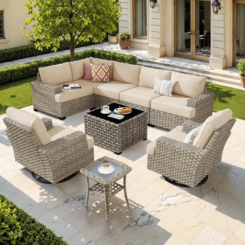 Vista 75 de HOOOWOOO Juego de Muebles Seccionales para Patio al Aire Libre, 6 Piezas Juegos de Conversación de Mimbre Sofá en Forma de L, Sofá Extra Profundo