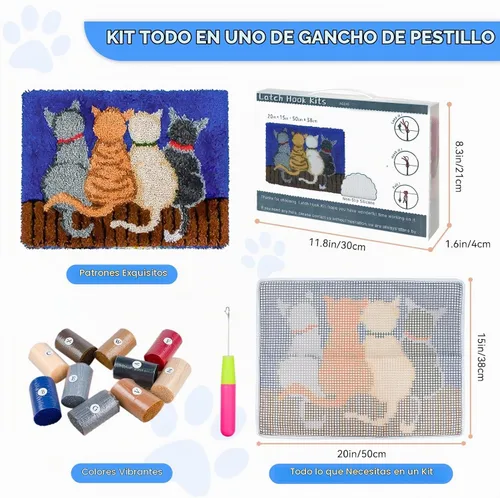 Vista 2 de EsLuker.ly Kit de Alfombra de Ganchillo de Pestillo DIY Alfombra de Crochet para Principiantes, Patrones de Gatos Lienzo Preimpreso Kits de Gatos