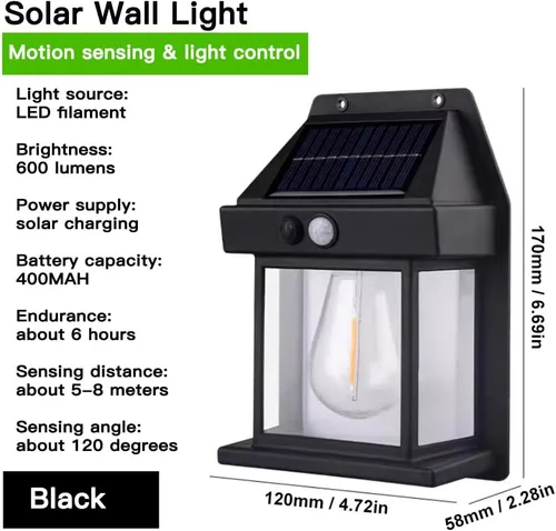 Vista 3 de Luces solares de pared para exteriores, lámpara inalámbrica de porche del atardecer al amanecer, linterna solar de pared con 3 modos y sensor