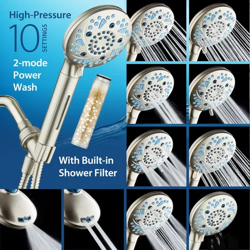 Vista 4 de AquaCare High Pressure 10-mode Filter Handheld Shower Head with Built-in Power Wash - Clean Tub, Tile & Pets, Remove Chlorine, Metals & Toxins from