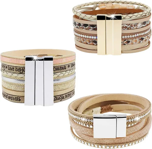Vista 5 de Wowanoo - Juego de 3 pulseras de cuero de varias capas con cierre magnético para mujer, con cristales, ramas de árbol pulseras para mujer.