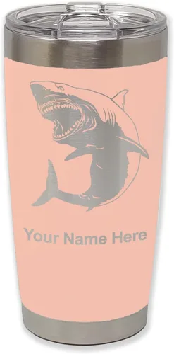 Vista 32 de LaserGram Vaso aislado al vacío de 20 onzas, gran tiburón blanco, grabado personalizado incluido (negro)