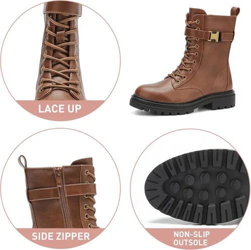 Vista 5 de CentroPoint Botas de combate con cordones para mujer, tacón bajo, media pantorrilla, botas militares, punta redonda, cremallera lateral, hebilla al