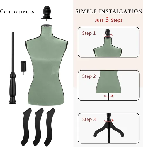 Vista 4 de HOMBOUR Cuerpo de maniquí femenino, forma de vestido de torso de maniquí de costura, maniquí ajustable con soporte para modista de exhibición (verde)