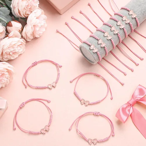Vista 2 de Liliaafar Paquete de 24 Pulseras de Cuerda de Trenza de Lazo Coqueta, Regalo a Granel, Pulseras Ajustables de Cuerda Trenzada para Animadoras, Ideal
