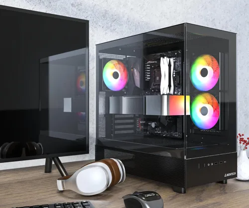 Vista 2 de MONTECH XR-B, chasis para PC de torre media ATX Gaming, ventiladores ARGB PWM de 3x120mm preinstalados, panel de vidrio templado de doble vista