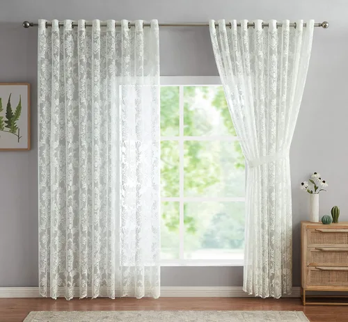 Vista 8 de LinenZone Par de 2 paneles de cortina de encaje de punto con parte inferior festoneada. Elegantes cortinas de encaje de granja para sala de estar