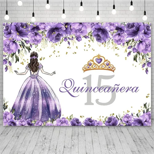 Vista 10 de Sendy Telón de fondo de quinceañera de 15 cumpleaños para niñas, vestido azul, corona de princesa, fondo de fotografía, flores azules y zapatos