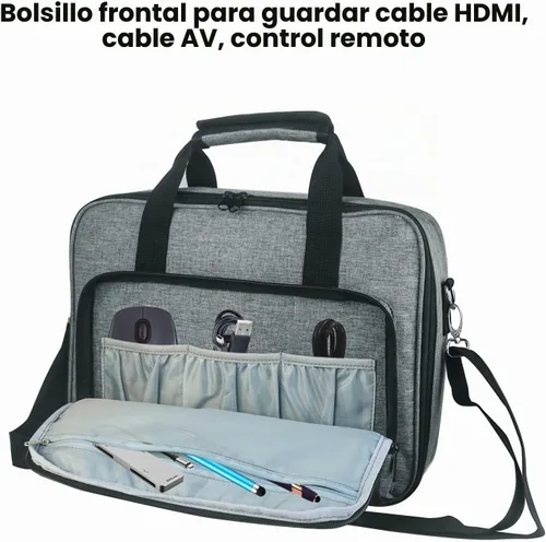 Vista 3 de Boczif - Funda de transporte para proyector, estuche de viaje portátil (gris) con compartimento para portátil y correa de hombro ajustable