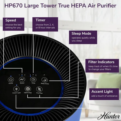 Vista 6 de Hunter Fan Company HP670 True HEPA - Purificador de aire para alergias, elimina el polvo, el humo, el moho y el polen, cubre hasta 195 pies Negro