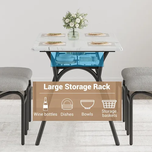 Vista 5 de GarveeHome Juego de mesa de comedor de 5 piezas para 4, mesa de cocina moderna con 4 sillas de bouclé, mesa de comedor rectangular con estante