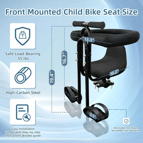 Vista 2 de Asiento de bicicleta infantil montado en la parte delantera para adulto MTB, portabicicletas interactivo para niños con barandilla completa, pedales