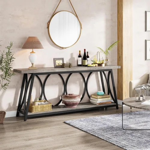 Vista 3 de Tribesigns Mesa consola extra larga de 70.9 pulgadas, mesa de sofá industrial detrás del sofá con estante de almacenamiento de 2 niveles, mesa