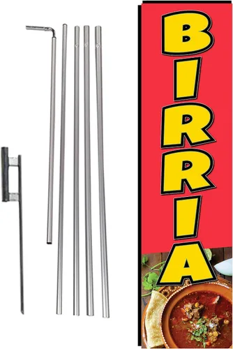 Vista 13 de Fresh Birria - Letrero de plumas publicitarias para restaurante mexicano con kit de poste de 15 pies y estaca para el suelo, tema negro/rojo/blanco