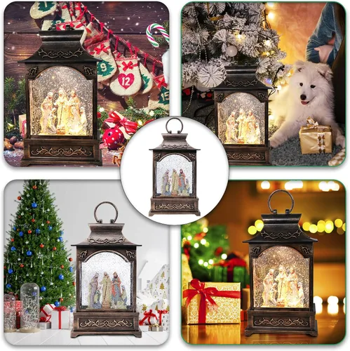 Vista 5 de Farol musical de Navidad con diseño de globo de nieve – Natividad escena de agua globo de nieve brillante portátil colgante de mesa linterna