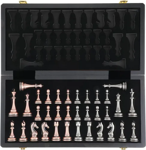 Vista 9 de Juego de ajedrez de metal grande de 15 pulgadas para adultos y niños con piezas de ajedrez de metal, tablero de madera plegable con almacenamiento